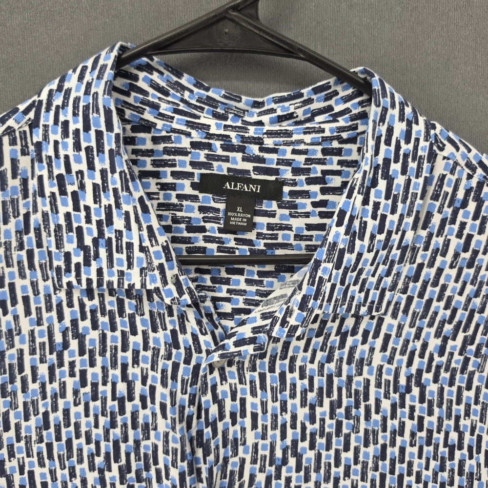 Alfani Mens XL Blue Geometric Brushstroke Print Short Sleeve Rayon Button Down